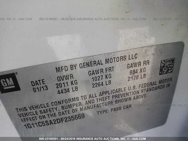 1G11C5SA2DF235669 - 2013 CHEVROLET MALIBU 1LT WHITE photo 9