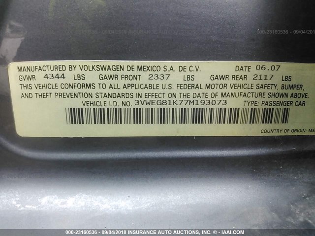 3VWEG81K77M193073 - 2007 VOLKSWAGEN JETTA WOLFSBURG 灰色 照片 9