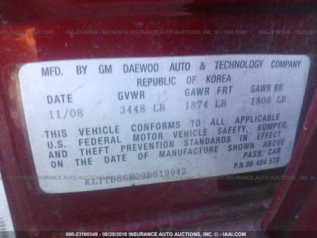 KL1TD66E09B619942 - 2009 CHEVROLET AVEO LS/LT 红色 照片 9