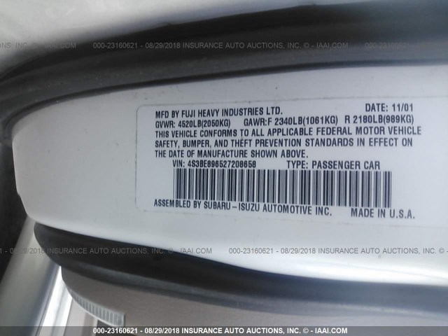 4S3BE896527208658 - 2002 SUBARU LEGACY OUTBACK 3.0 H6/3.0 H6 VDC WHITE photo 9