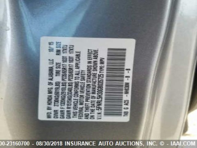 5FNRL5H30GB035725 - 2016 HONDA ODYSSEY SE SILVER photo 9