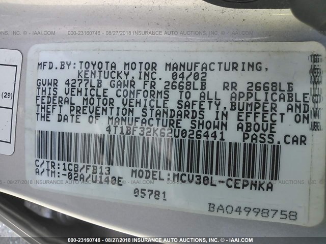 4T1BF32K62U026441 - 2002 TOYOTA CAMRY LE/XLE/SE Gümüş foto 9