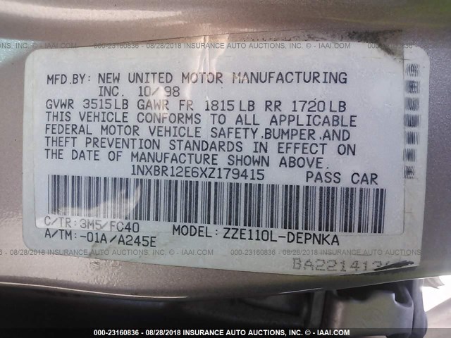 1NXBR12E6XZ179415 - 1999 TOYOTA COROLLA VE/CE/LE 金色 照片 9