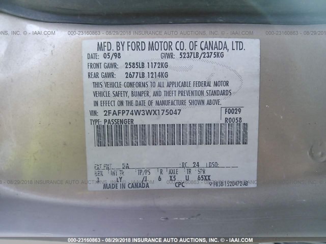 2FAFP74W3WX175047 - 1998 FORD CROWN VICTORIA LX GOLD photo 9