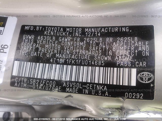 4T1BF1FK1FU014685 - 2015 TOYOTA CAMRY LE/XLE/SE/XSE 米色 照片 9