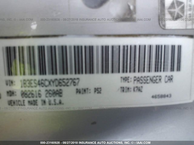 1B3ES46CXYD652767 - 2000 DODGE NEON ES SILVER photo 9