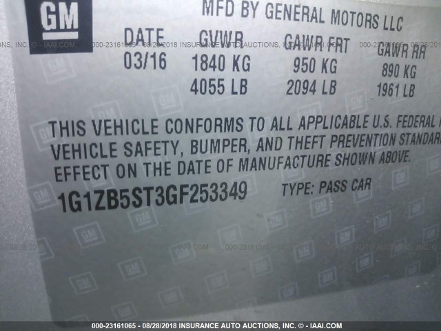 1G1ZB5ST3GF253349 - 2016 CHEVROLET MALIBU LS 银色 照片 9