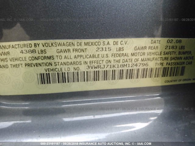 3VWRJ71K18M124796 - 2008 VOLKSWAGEN JETTA WOLFSBURG 灰色 照片 9