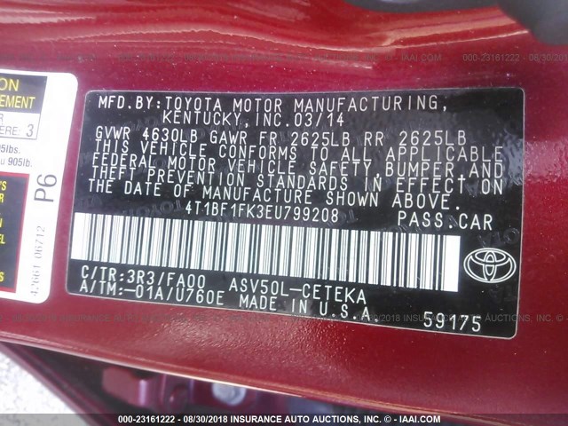 4T1BF1FK3EU799208 - 2014 TOYOTA CAMRY L/SE/LE/XLE 红色 照片 9