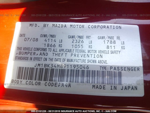 JM1BK34M891195046 - 2009 MAZDA SPEED 3 RED photo 9