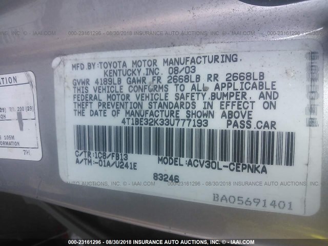 4T1BE32K33U777193 - 2003 TOYOTA CAMRY LE/XLE/SE Күміс фото 9