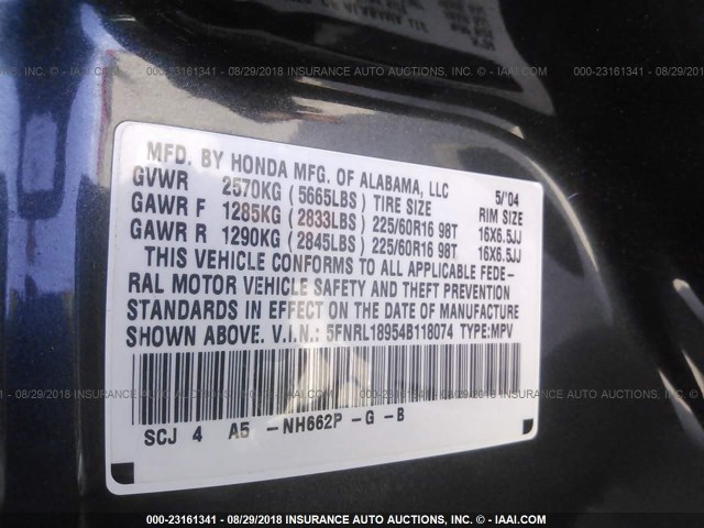 5FNRL18954B118074 - 2004 HONDA ODYSSEY EXL GRAY photo 9