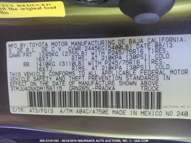 3TMJU4GNXDM156115 - 2013 TOYOTA TACOMA DOUBLE CAB PRERUNNER GRAY photo 9