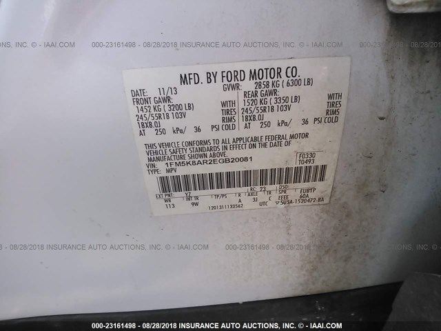 1FM5K8AR2EGB20081 - 2014 FORD EXPLORER POLICE INTERCEPTOR WHITE photo 9