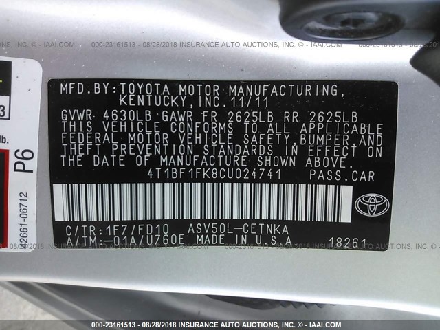 4T1BF1FK8CU024741 - 2012 TOYOTA CAMRY SE/LE/XLE ვერცხლისფერი ფოტო 9