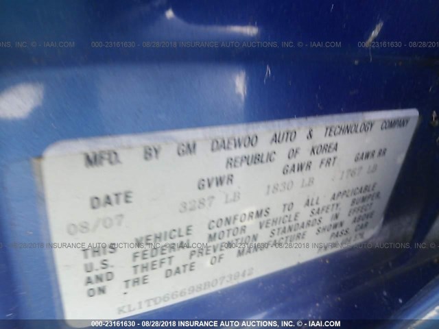 KL1TD66698B073942 - 2008 CHEVROLET AVEO LS BLUE photo 9