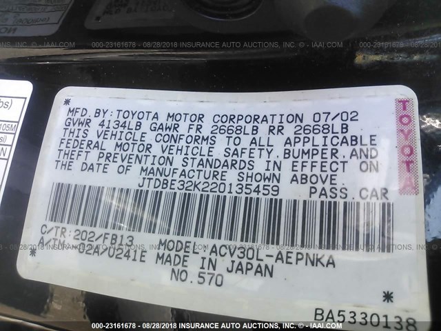 JTDBE32K220135459 - 2002 TOYOTA CAMRY LE/XLE/SE 黑色 照片 9