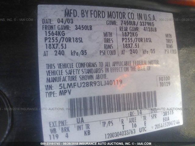 5LMFU28R93LJ40119 - 2003 LINCOLN NAVIGATOR Schwarz Foto 9