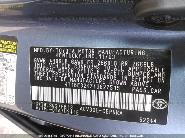 4T1BE32K74U827515 - 2004 TOYOTA CAMRY LE/XLE/SE 浅蓝色 照片 9