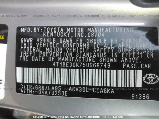 4T1BE30K75U968749 - 2005 TOYOTA CAMRY LE/XLE/SE Boz foto 9
