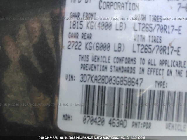 3D7KA28D03G858647 - 2003 DODGE RAM 2500 ST/SLT 灰色 照片 9