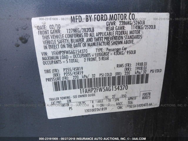 1FAHP2FW5AG154370 - 2010 FORD TAURUS LIMITED BLUE photo 9