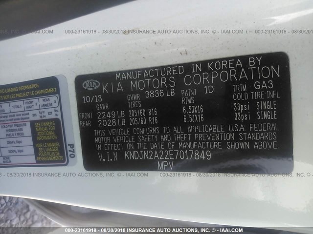 KNDJN2A22E7017849 - 2014 KIA SOUL WHITE photo 9