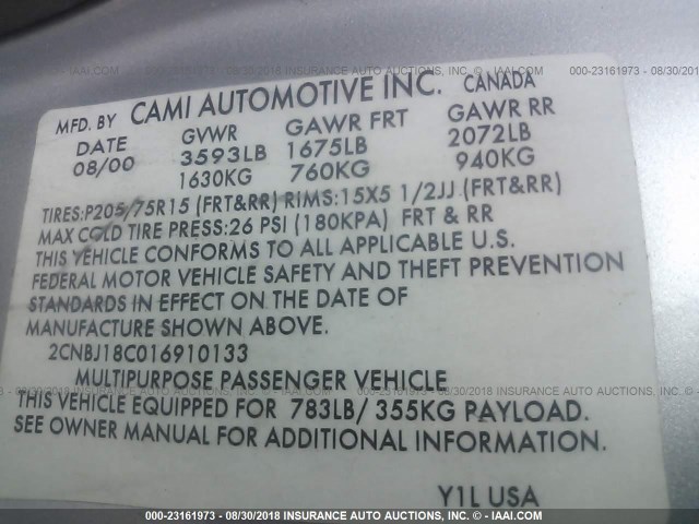 2CNBJ18C016910133 - 2001 CHEVROLET TRACKER SILVER photo 9