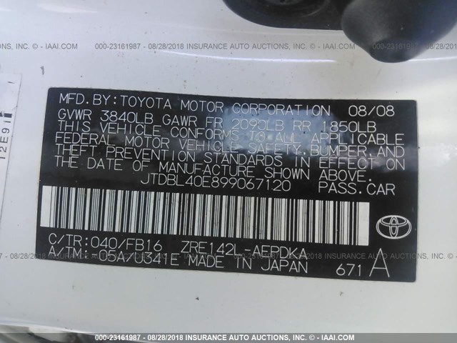 JTDBL40E899067120 - 2009 TOYOTA COROLLA LE/XLE WHITE photo 9