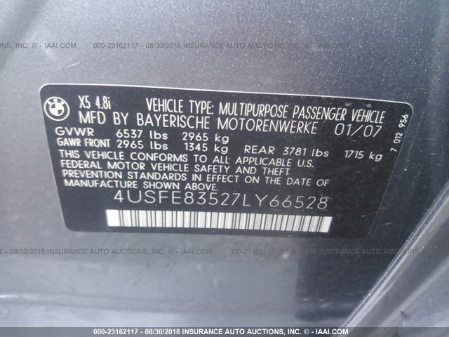 4USFE83527LY66528 - 2007 BMW X5 4.8I GRAY photo 9