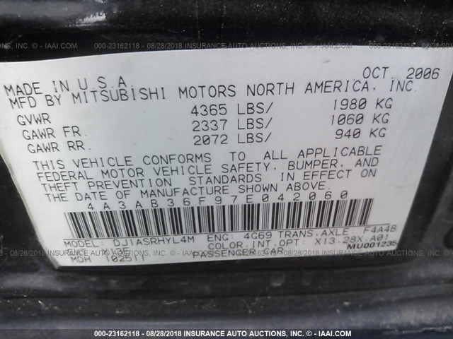 4A3AB36F97E042060 - 2007 MITSUBISHI GALANT ES BLACK photo 9