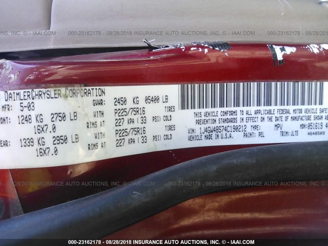 1J4GW48S74C190212 - 2004 JEEP GRAND CHEROKEE LAREDO/COLUMBIA/FREEDOM 红色 照片 9
