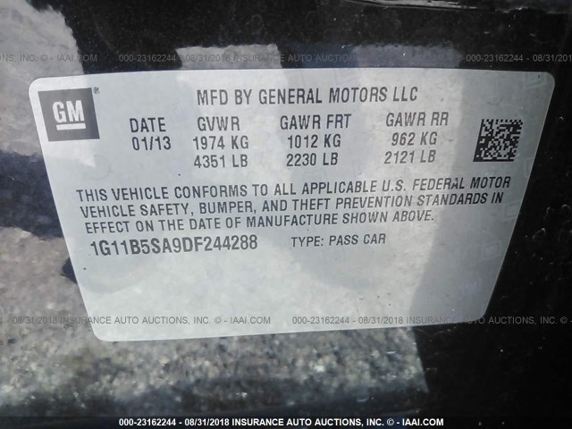 1G11B5SA9DF244288 - 2013 CHEVROLET MALIBU LS Қара фото 9