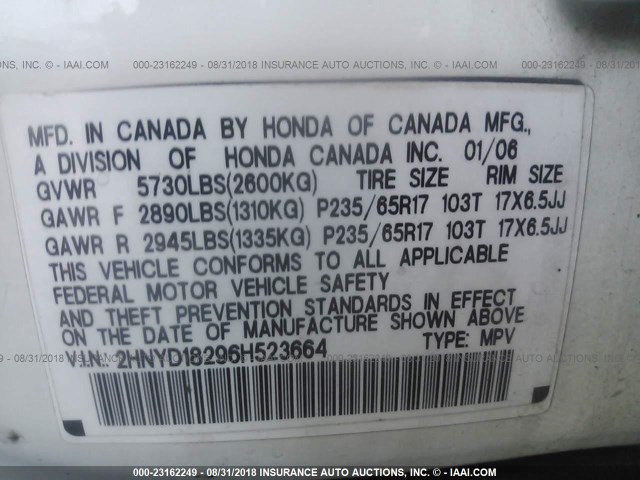 2HNYD18296H523664 - 2006 ACURA MDX WHITE photo 9