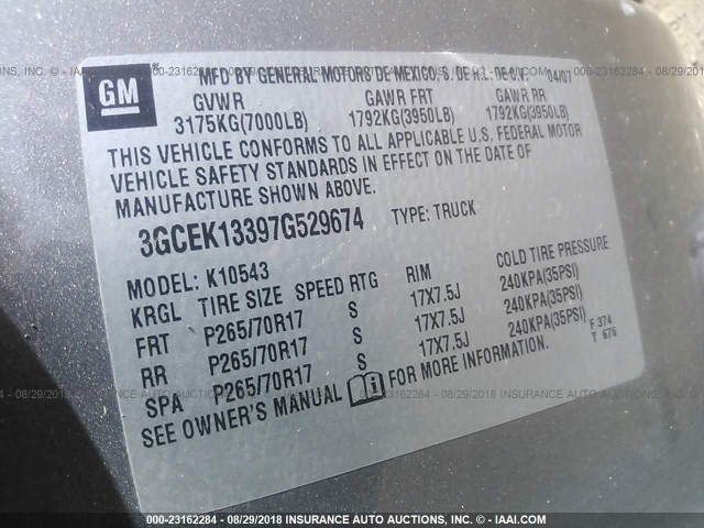 3GCEK13397G529674 - 2007 CHEVROLET SILVERADO K1500 CREW CAB GRAY photo 9