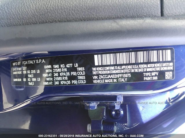 ZACCJAAB2HPF15975 - 2017 JEEP RENEGADE SPORT Կապույտ լուսանկար 9