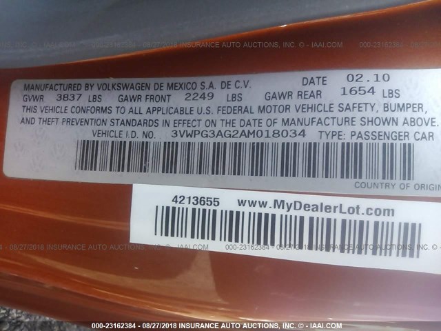 3VWPG3AG2AM018034 - 2010 VOLKSWAGEN NEW BEETLE Narıncı foto 9