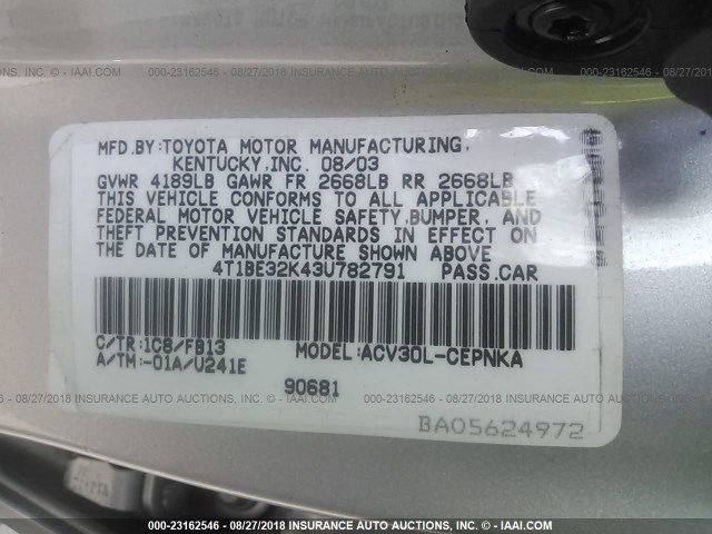 4T1BE32K43U782791 - 2003 TOYOTA CAMRY LE/XLE/SE Күміс фото 9