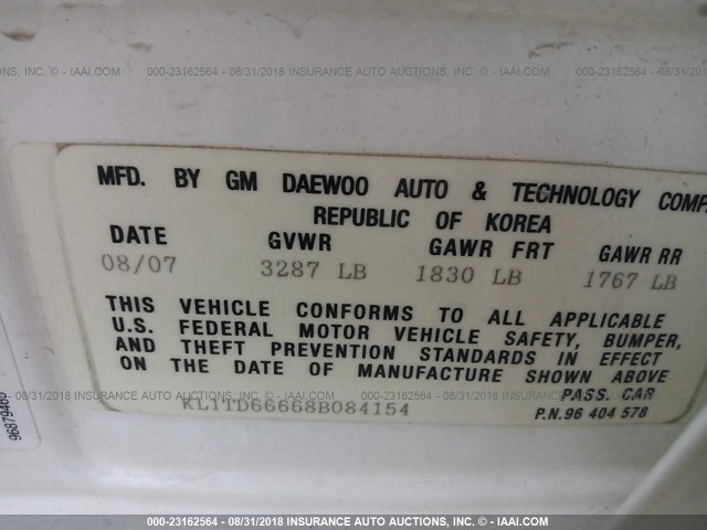 KL1TD66668B084154 - 2008 CHEVROLET AVEO LS WHITE photo 9