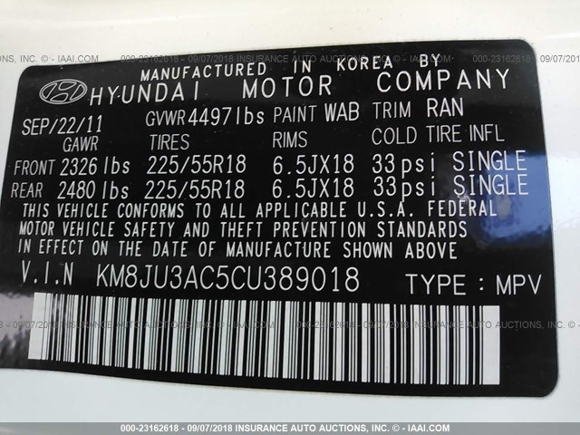 KM8JU3AC5CU389018 - 2012 HYUNDAI TUCSON GLS/LIMITED თეთრი ფოტო 9