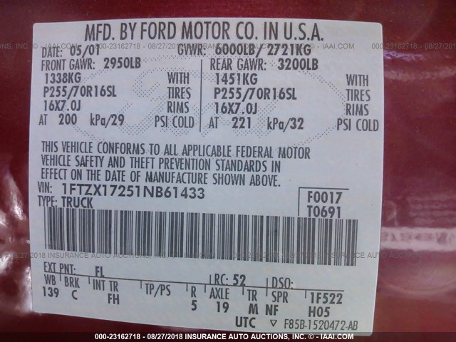 1FTZX17251NB61433 - 2001 FORD F150 RED photo 9