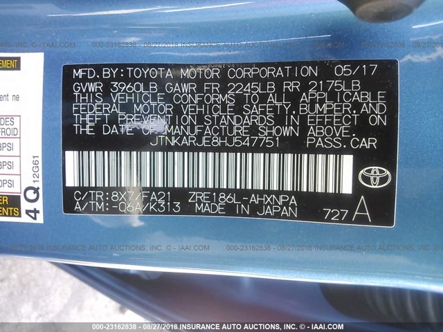 JTNKARJE8HJ547751 - 2017 TOYOTA COROLLA IM BLUE photo 9