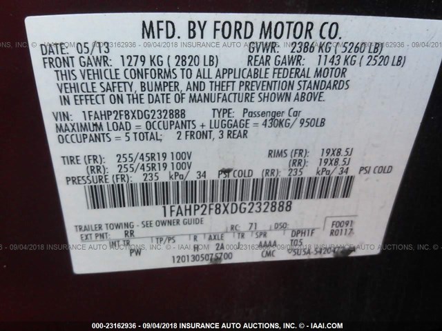 1FAHP2F8XDG232888 - 2013 FORD TAURUS LIMITED RED photo 9