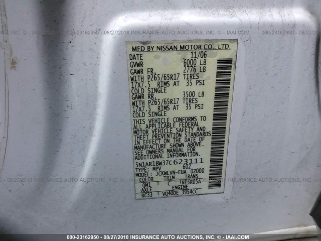 5N1AR18W37C623111 - 2007 NISSAN PATHFINDER LE/SE/XE WHITE photo 9