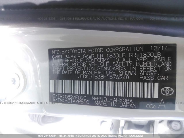 JTDKDTB38F1576248 - 2015 TOYOTA PRIUS C WHITE photo 9