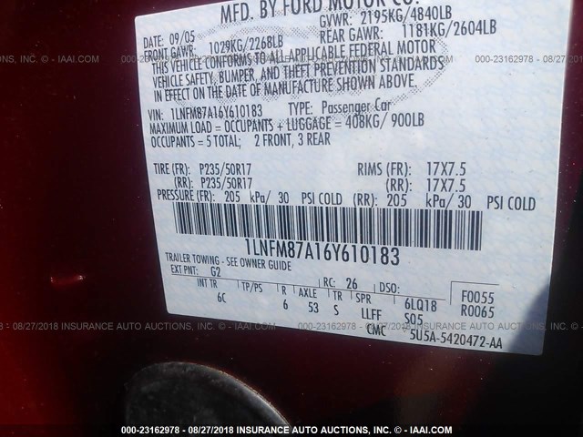 1LNFM87A16Y610183 - 2006 LINCOLN LS 红色 照片 9