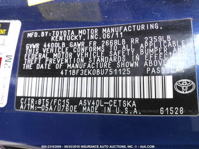 4T1BF3EK0BU751125 - 2011 TOYOTA CAMRY SE/LE/XLE 蓝色 照片 9