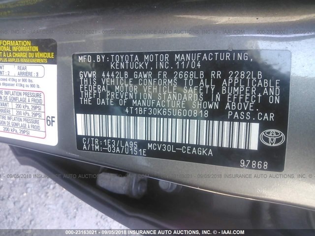 4T1BF30K65U600818 - 2005 TOYOTA CAMRY LE/XLE/SE Boz foto 9