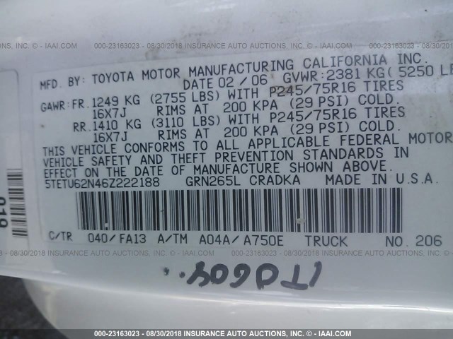 5TETU62N46Z222188 - 2006 TOYOTA TACOMA PRERUNNER ACCESS CAB WHITE photo 9