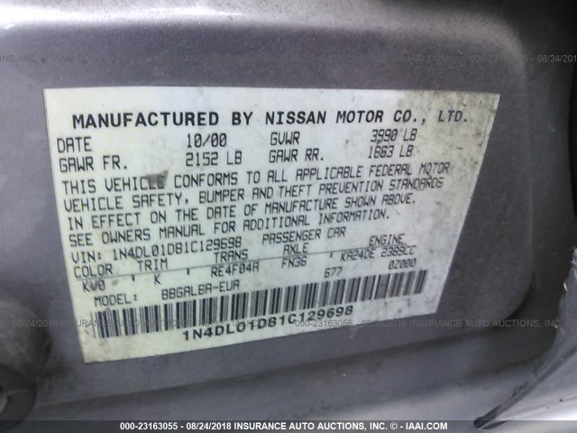 1N4DL01D81C129698 - 2001 NISSAN ALTIMA XE/GXE/SE GRAY photo 9